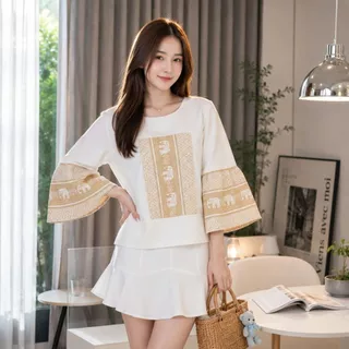เสื้อผ้าฝ้ายแขนกระดิ่ง-ลายช้าง
