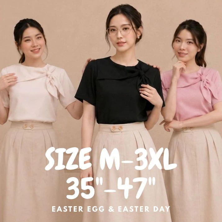 E12 เสื้อทํางานผู้หญิง แขนสั้น แต่งโบว์ผูก แฟชั่น สไตล์มินิมอล ทรงน่ารักมาก Easter Egg