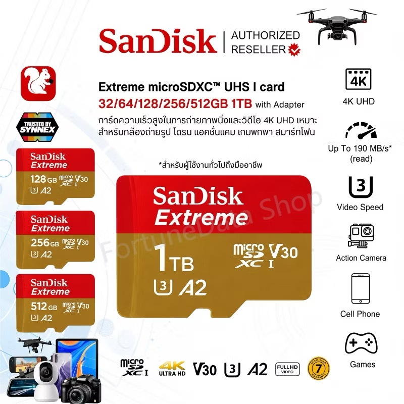 เมมโมรี่การ์ด SanDisk Extreme ของแท้ 100% ประกัน 5 ปี 200MB/s A2 V30 U3 16GB-1TB สำหรับโทรศัพท์ กล้องติดรถยนต์ กล้องวงจร