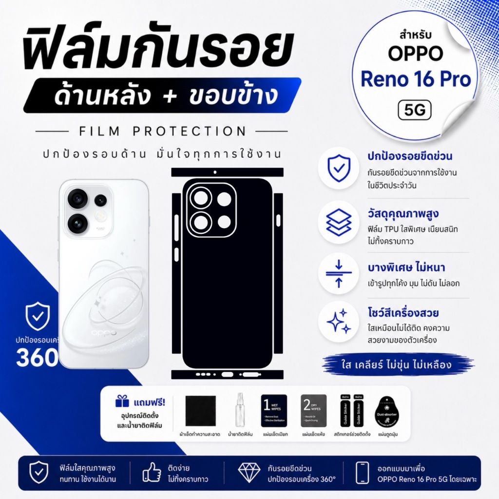 ฟิล์มขอบโค้ง OPPO Reno 16 Pro 5G หลังเครื่อง ครบทุกแบบ เริ่ม 79 บาท 1 แถม 1 ส่งด่วน