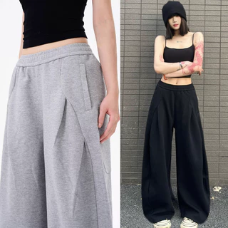 SHEESHกางเกงลำลองขากว้าง unisex สไตล์เกาหลีญี่ปุ่น เอวยางเชือกดึง กระเป๋าข้างใหญ่ ผ้านุ่ม สีเทาดำ ไซส์M-3XL ใส่ทำงานสบาย