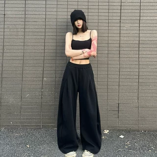 SHEESHกางเกงลำลองขากว้าง unisex สไตล์เกาหลีญี่ปุ่น เอวยางเชือกดึง กระเป๋าข้างใหญ่ ผ้านุ่ม สีเทาดำ ไซส์M-3XL ใส่ทำงานสบาย