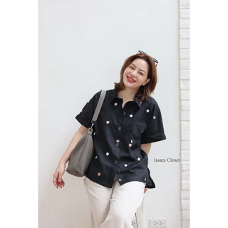 เสื้อลินิน รุ่น Poppii Shirt #ลาย Dot-พื้นดำ