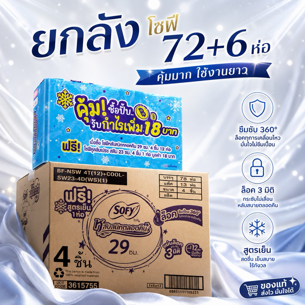 (ยกลัง) Sofy โซฟี ผ้าอนามัยแบบกระชับ 29 ซม. สำหรับกลางคืน 4 ชิ้น x 12