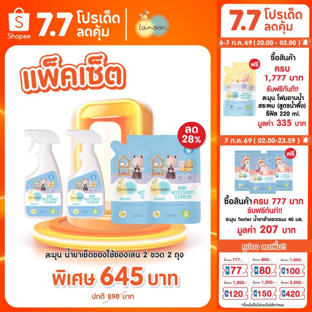 [ยกลัง] Lamoon นํ้ายาทำความสะอาดของใช้ของเล่นออร์แกนิค 450ml.(12รีฟิล)