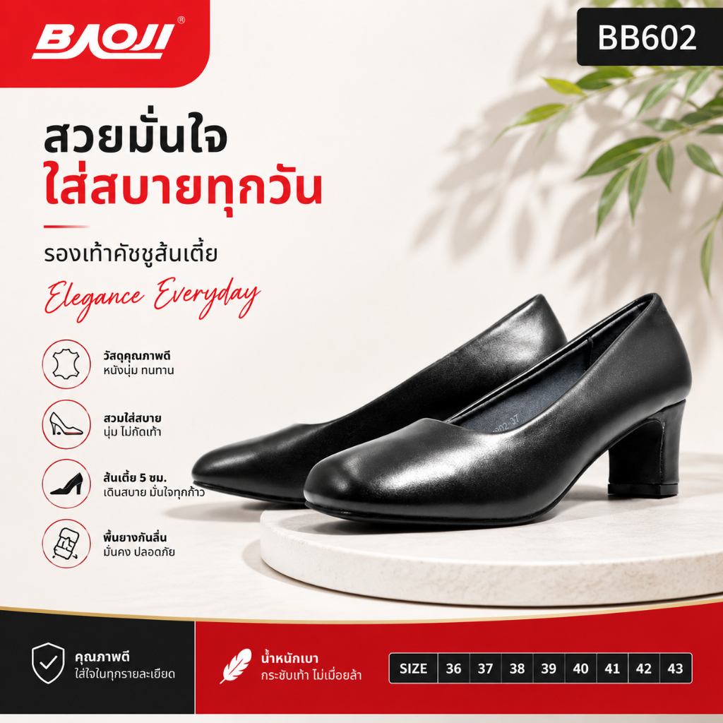 Baoji รองเท้าคัชชูผู้หญิง รุ่น BB601/BB602 สีดำ  ไซส์ 36-43
