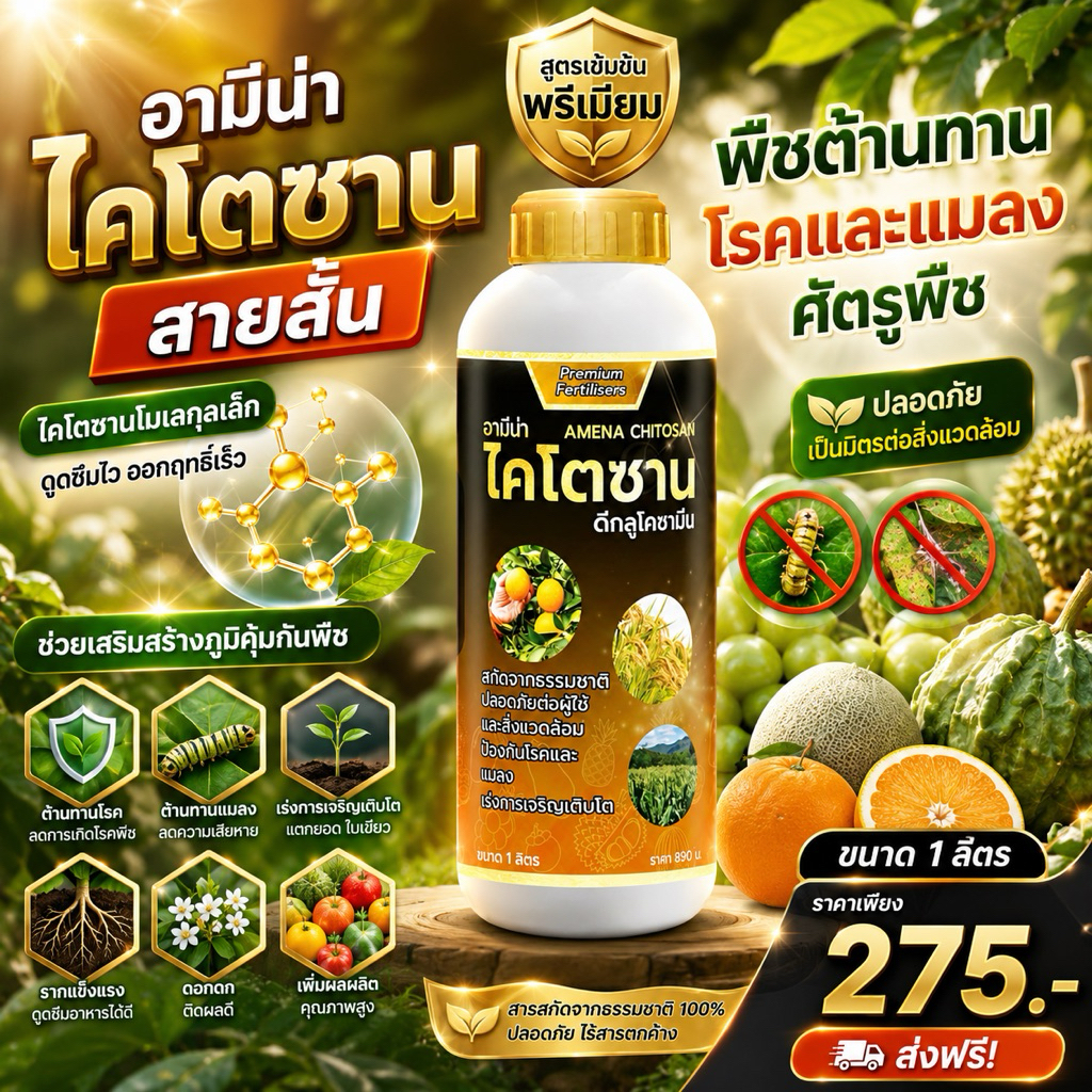 อามีน่าไคโตซาน สายสั้น พืชต้านทานโรคและแมลงศัตรูพืช เร่งการเจริญเติบโตของพืช ขนาด1ลิตร