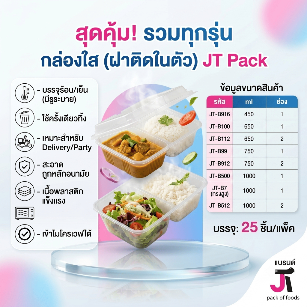 กล่องอาหาร กล่องข้าว JT-B912 JT-B112 (2ช่อง) JT-B99 JT-B100 JT-B916 (1ช่อง) ฝาติดในตัว เข้าไมโครเวฟไ