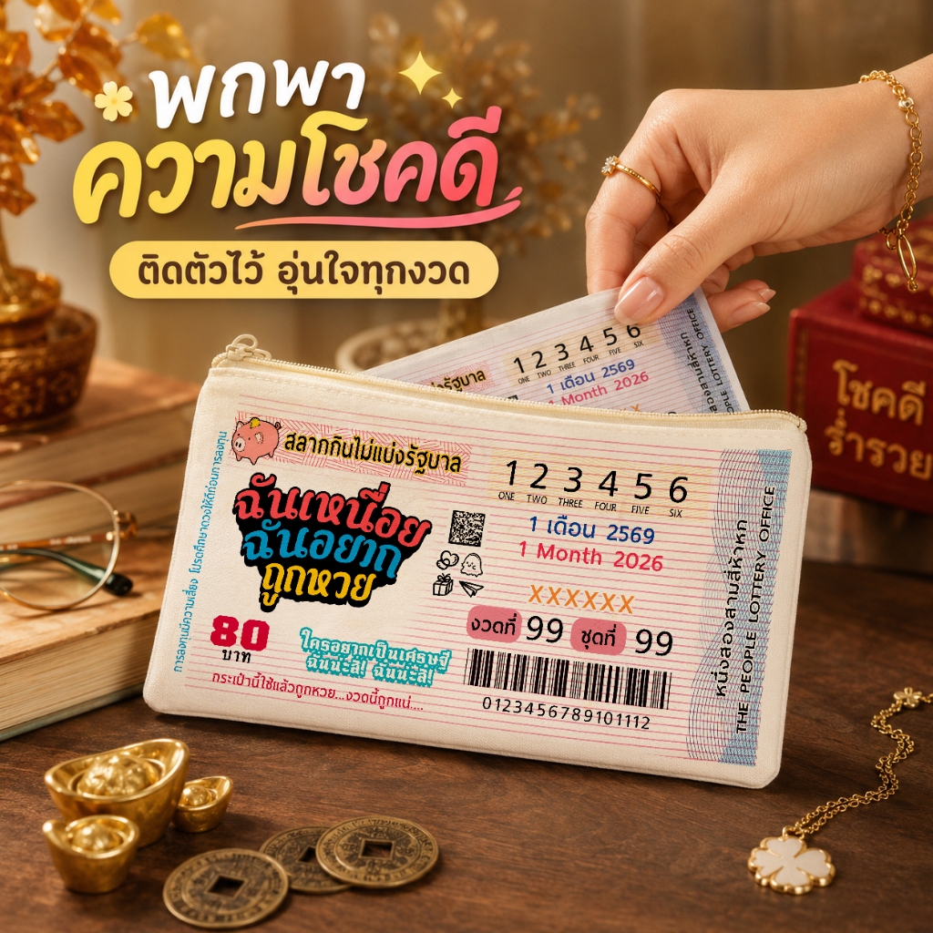 กระเป๋าล็อตตารี่ ปี2569 กระเป๋าหวย เลขดังงวดนี้ ของขวัญ ของแจก ของชำร่วย ขนาด5x9นิ้ว