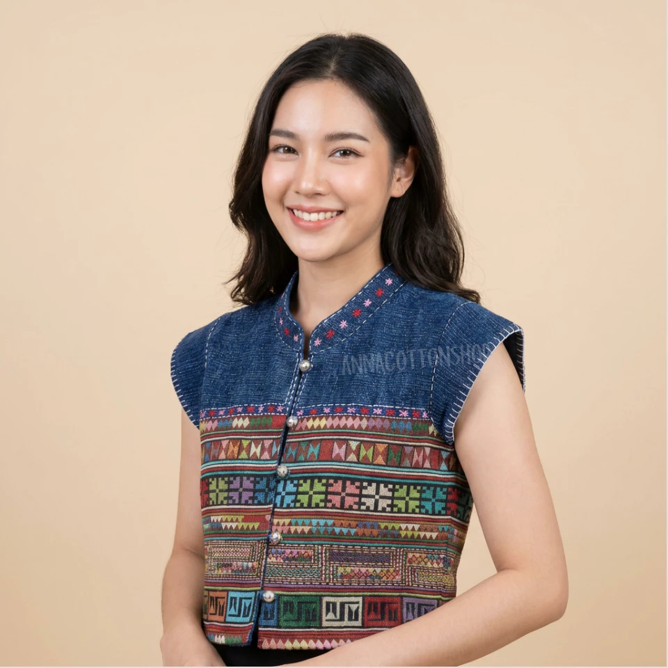 เสื้อคอจีนใบปอผ้าฝ้ายพื้นเมืองสโตน แต่งลายผ้าทอกระเหรี่ยง กระดุม5เม็ด ทรงสวยเข้ารูปสไตล์ เอวลอยน่ารัก มีขนาด38-44นิ้ว