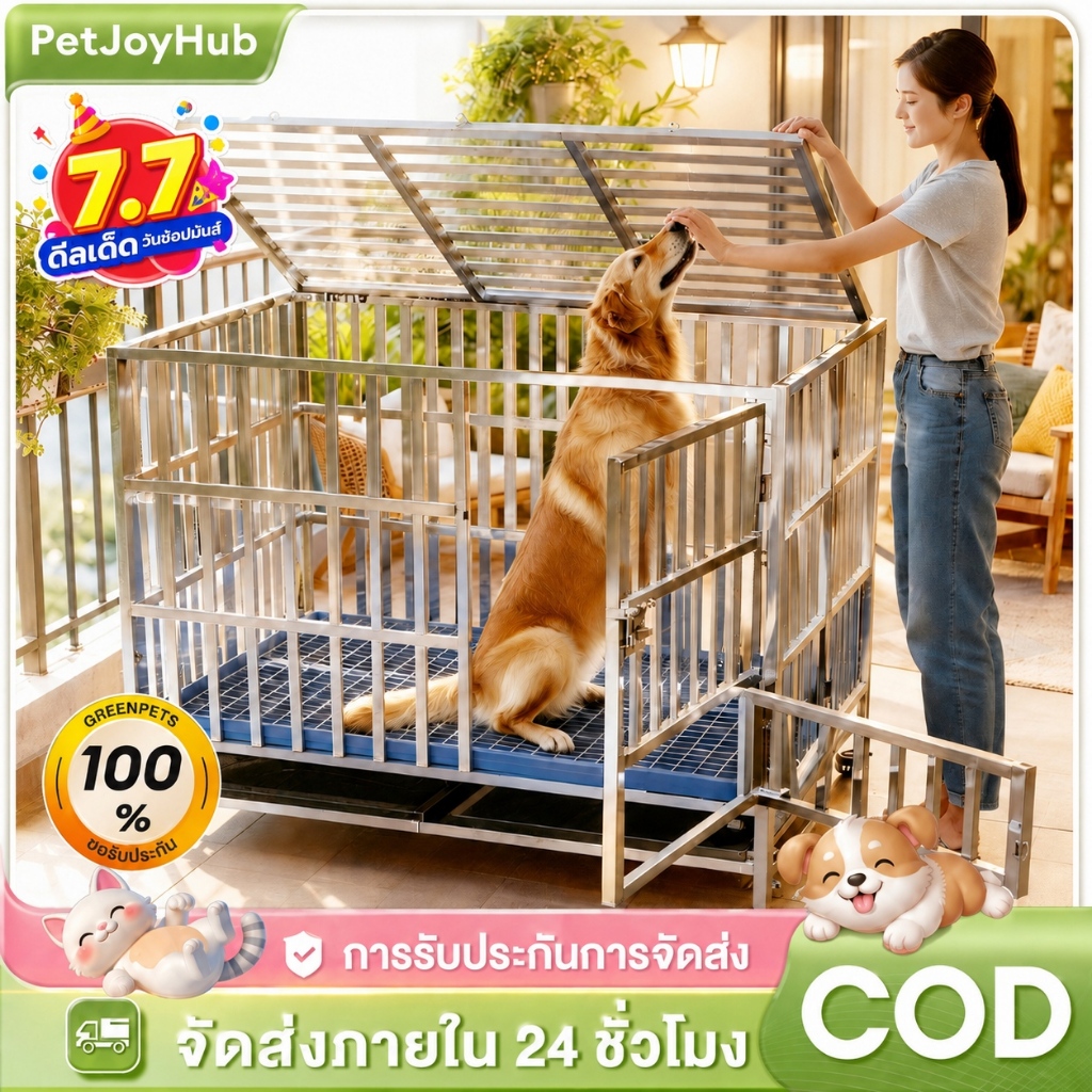 กรงสัตว์เลี้ยง กรงหมา พับได้ กรงสุนัขสแตนเลส 304 กรงสัตว์เลี้ยง แข็งแรง กรงสุนัขใหญ่ ฟรีแผ่น พาเลท