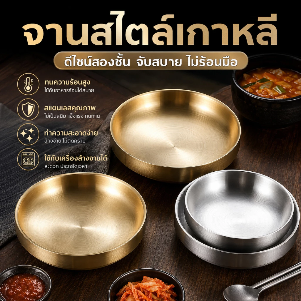 จานสองชั้นเกาหลี สแตนเลส304 กันร้อนไม่ร้อนมือ กันสนิม ล้างเครื่องล้างจานได้ มีถ้วยเครื่องเคียง สำหรับปิ้งย่าง
