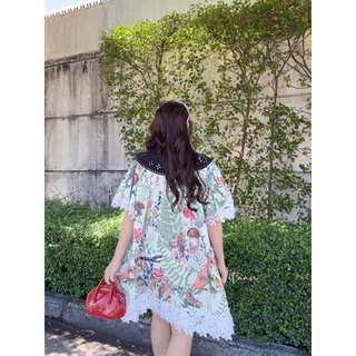 NITAAN 🐁 LILA DRESS เดรสผ้านูนทางพิมพ์ลาย โอเว่อร์ไซส์ ปกปัก สวยมากกก กระดุมหน้าอแต่งลูกไม้