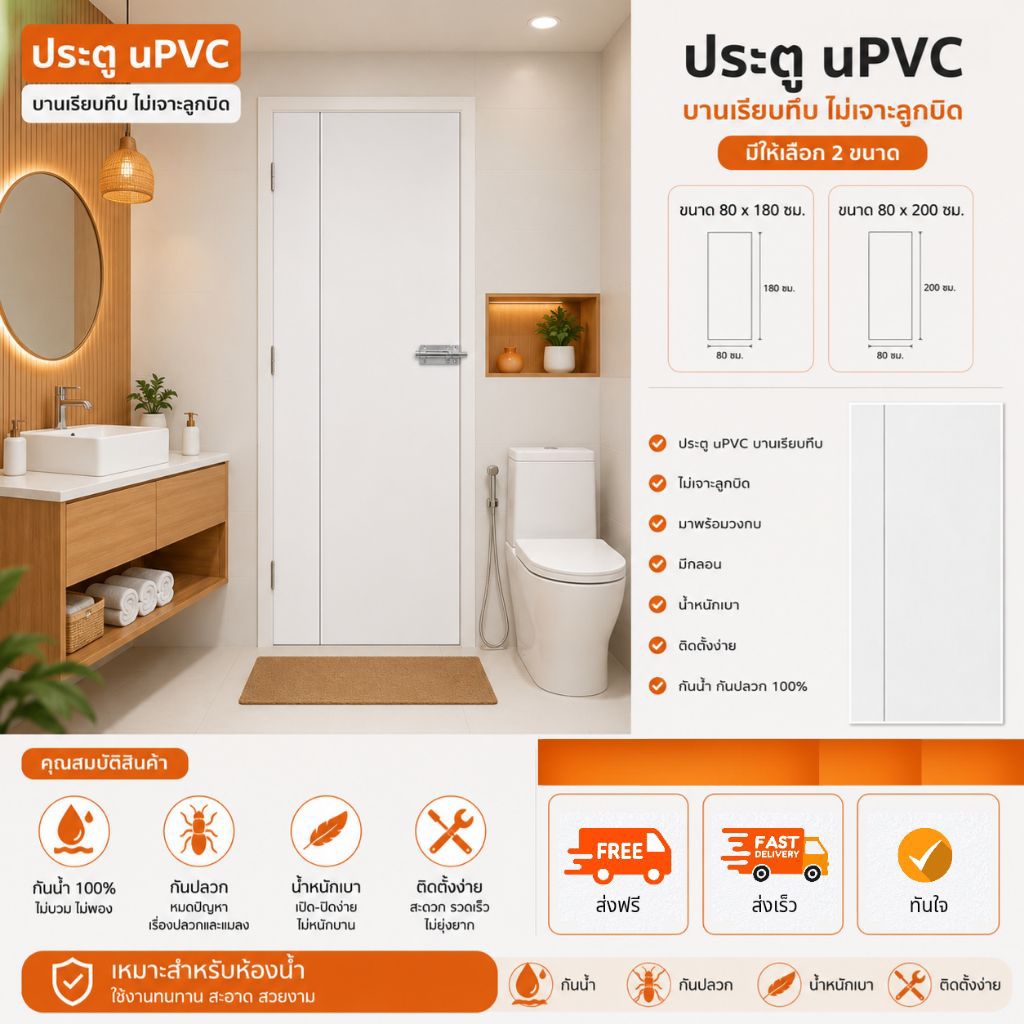 ประตูUPVC 80×180/80×200cm. สีขาวเส้นดำ ประตูห้องน้ำ แข็งแรงทนทาน กันน้ำ100%