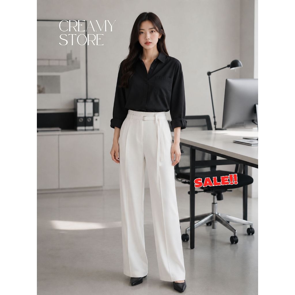 Creamystore เชิ้ตโอเวอร์ไซส์คอปกแขนยาว สีดำ งานป้ายPrisana เชิ้ตทำงาน