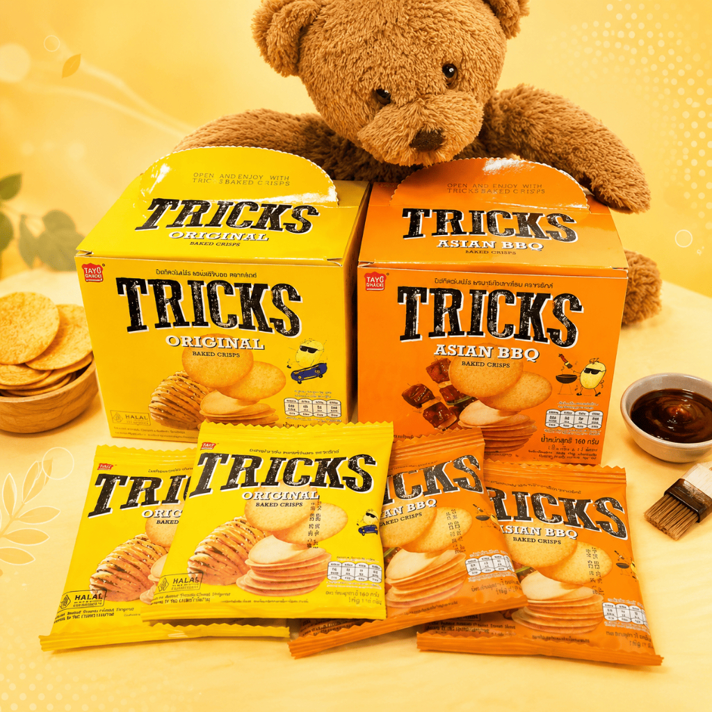 (1 กล่อง 12 ห่อ) Tricks (ทริคส์) มันฝรั่งแผ่นอบ แคลอรีต่ำ (รสออริจินอลและรสบาบีคิวอาเซี่ยน)