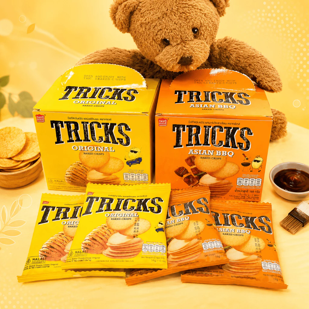(1 กล่อง 12 ห่อ) Tricks (ทริคส์) มันฝรั่งแผ่นอบ แคลอรีต่ำ (รสออริจินอลและรสบาบีคิวอาเซี่ยน)