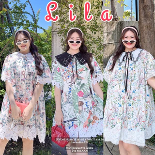 NITAAN 🐁 LILA DRESS เดรสผ้านูนทางพิมพ์ลาย โอเว่อร์ไซส์ ปกปัก สวยมากกก กระดุมหน้าอแต่งลูกไม้