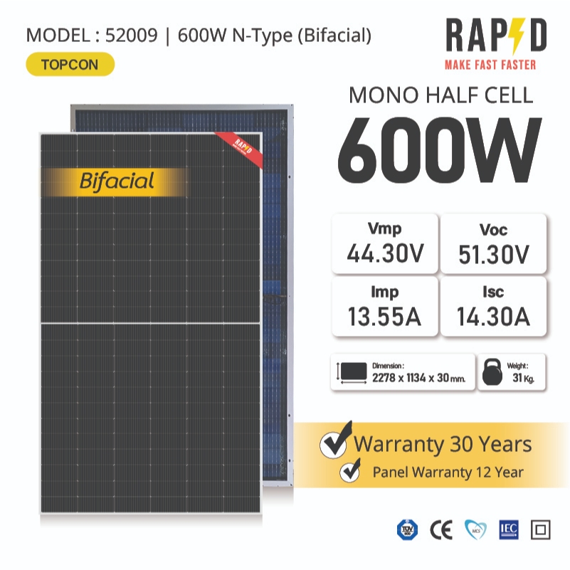 แผงโซล่าเซลล์ รวมส่ง* 600W Bifacial N-TYPE แผงโซล่าเซลล์  Mono half cell  RAPD อ่านรายละเอียดการส่ง