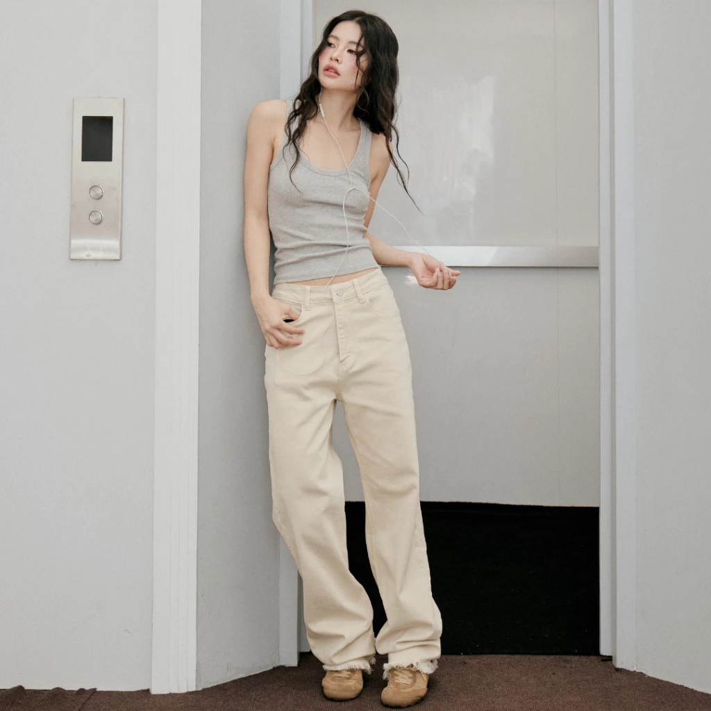 MERMAIDSTUDIO - CAFFEINE JEANS ยีนส์กาแฟผ้านุ่มกระบอกใหญ่ #6799