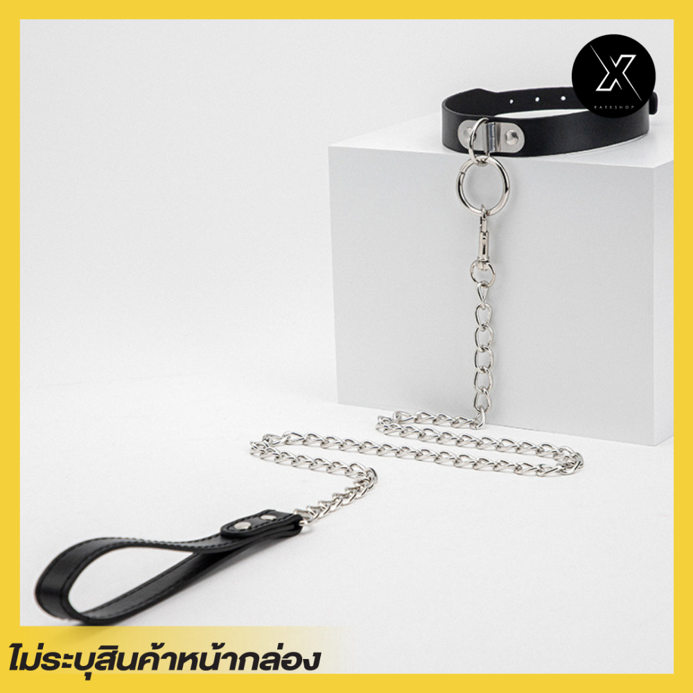 ปลอกคอหนัง PU สีดำ Choker อย่างดี พร้อมสายโซ่จูงยาว 60 cm Gothic Leather Collar
