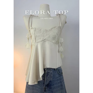 Flora Top (ราคา 390-) เสื้อสายเดี่ยวผ้าซาตินแต่งดอกไม้ handmade งานปักเลื่อม รอบอก30-42" ดีไซน์หรูหรา สำหรับผู้หญิง