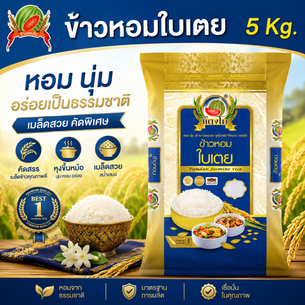 ข้าวสาร ตราแตงโม ข้าวหอมใบเตย ขนาด 5 กก.