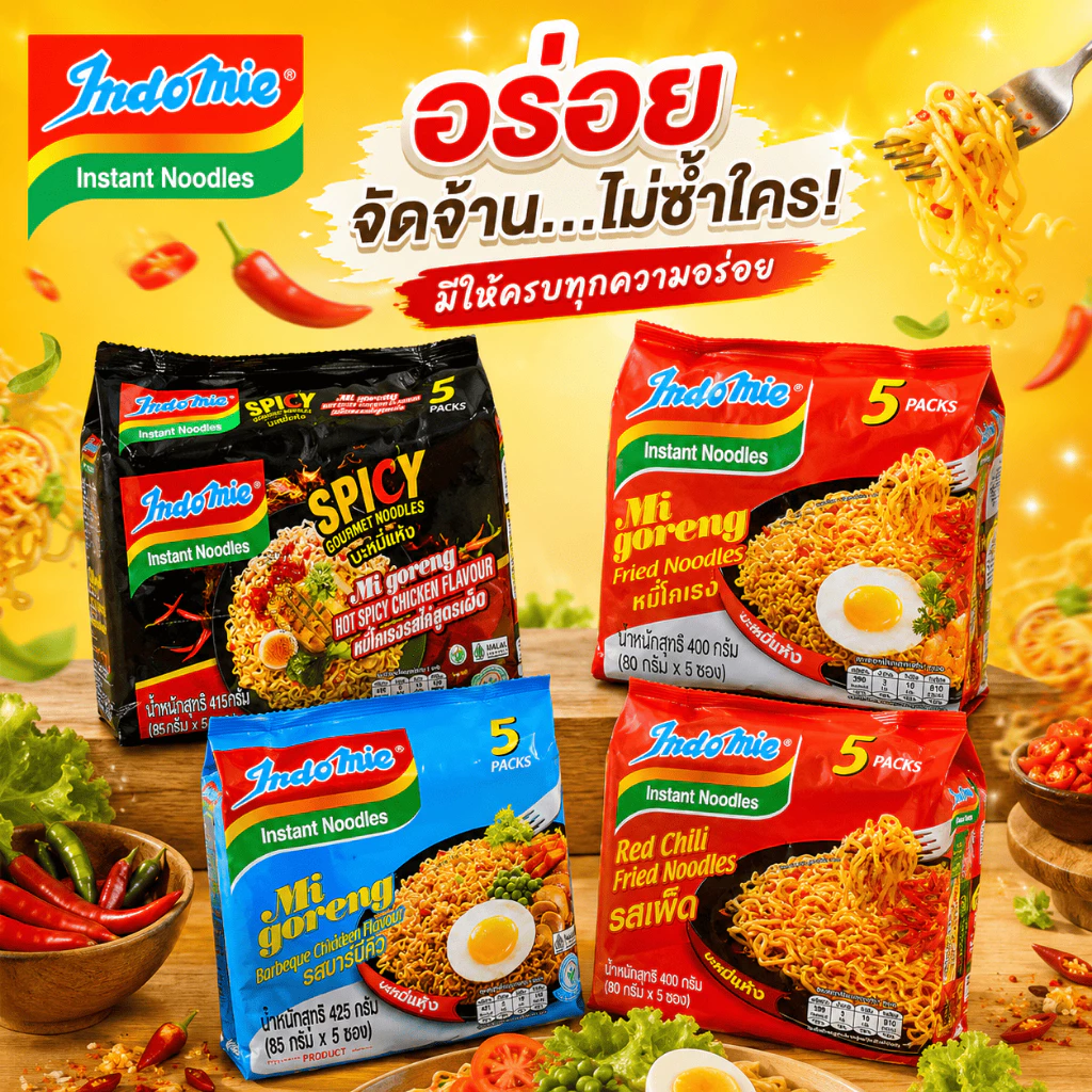มาม่าอินโดหมี่ บะหมี่กึ่งสำเร็จรูป หมี่ โกเรง รสไก่สูตรเผ็ด (แพ็ก 5 ห่อ)
