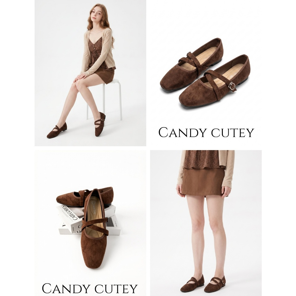 Candy Cutey รองเท้าแบนแมรี่เจนสายรัดคู่ ผ้าหนังกลับทรงวินเทจ ยาวขา ใส่สบาย แมทช์ชุดประจำวันได้