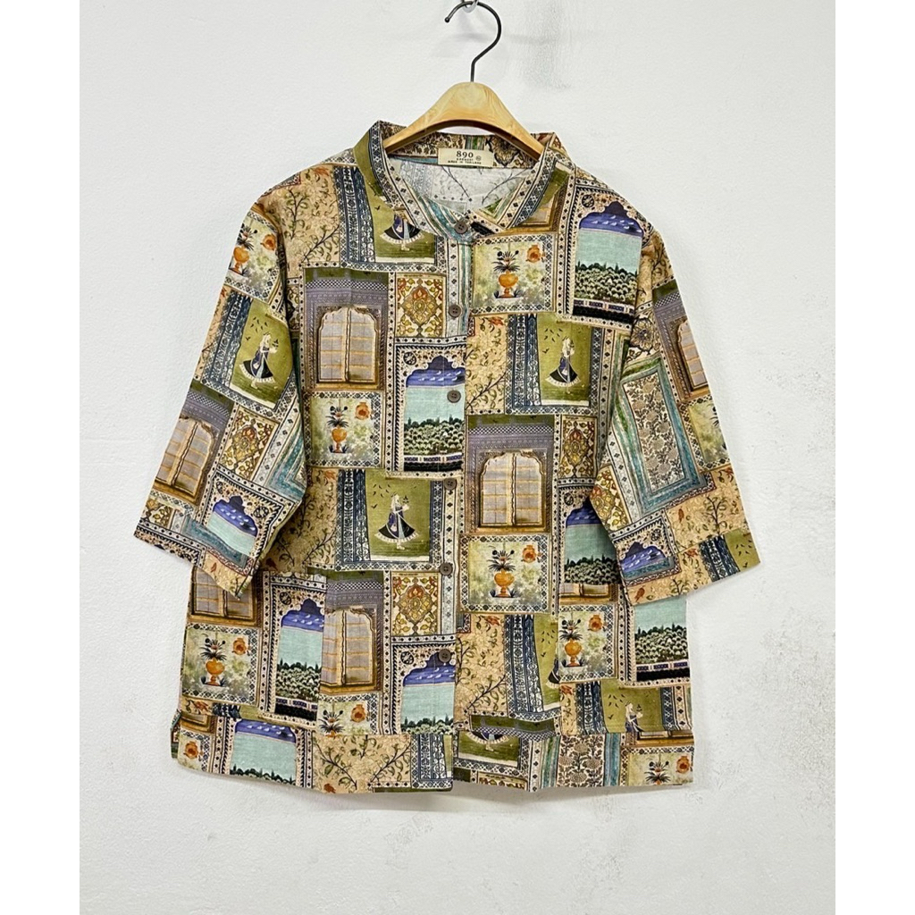 เสื้อผู้ใหญ่ คอจีน แขนสามส่วน กระดุมผ่าหน้า กระเป๋าล่างคู่ ผ้าฝ้าย ลายดอก “อก 44,46 นิ้ว”