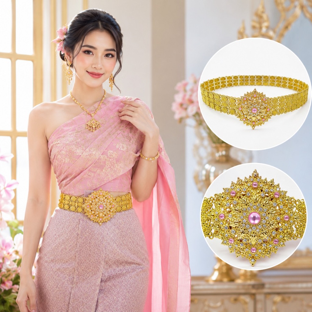 เข็มขัดโบราณหัวใหญ่สีทอง ดีไซน์ประณีต ลวดลายสวยงาม สง่างามทุกโอกาส