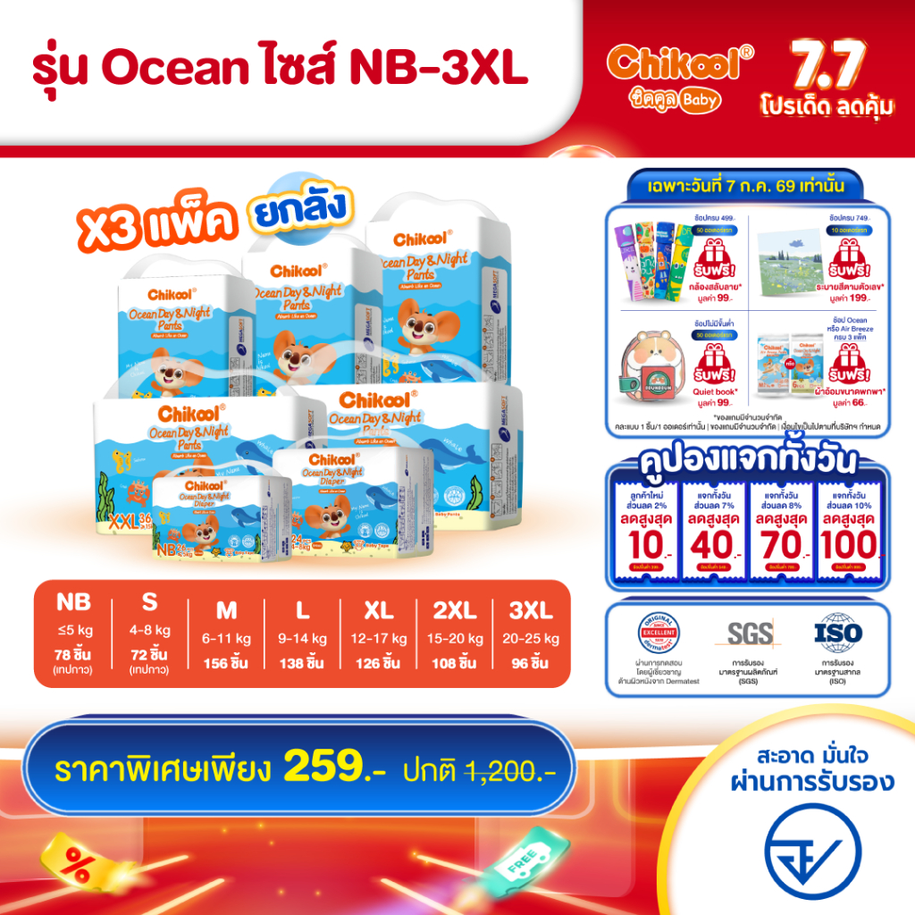 [ขายยกลัง x3 แพ็ค] Chikool Ocean Day&Night Pants ชิคคูล กางเกงผ้าอ้อมเด็ก โอเชียน เดย์&ไนท์ ไซส์ NB-3XL