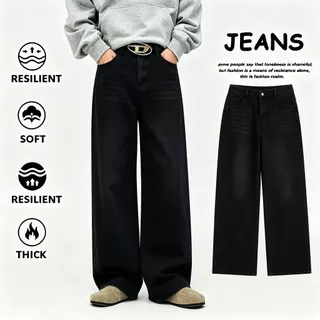 Geegoo กางเกงยีนส์ผู้ชายขากว้าง สไตล์อเมริกัน baggy jeans แบบเรียบง่าย ทรงกระบอกเอวสูง ขายาว ผ้าฝ้าย
