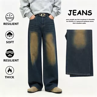 Geegoo กางเกงยีนส์ผู้ชายขากว้าง สไตล์อเมริกัน baggy jeans แบบเรียบง่าย ทรงกระบอกเอวสูง ขายาว ผ้าฝ้าย