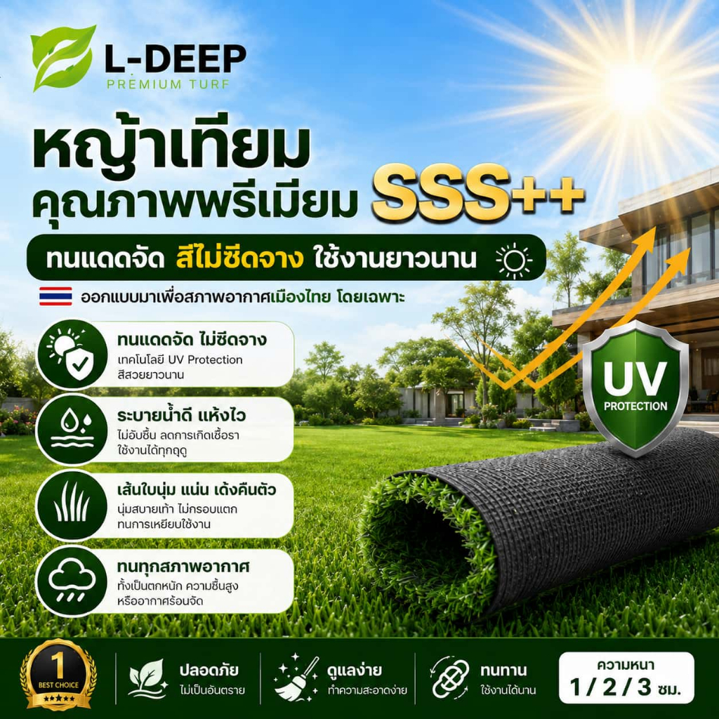 L-DEEP 🔥หญ้าเทียม🔥 ความหนา 3 ซม หญ้าปลอม หญ้าแผ่นปูพื้น หญ้าเทียมปูพื้น สีเหมือนจริง นุ่มนิ่ม ตกแต่งสวน ไม่ต้องดูแล