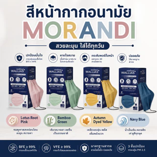 หน้ากากอนามัย ยี่ห้อ Wallias Medical Mask In Morandi Color หน้ากากอนามัยสีพาทเทล หนา 3 ชั้น ป้องกันฝุ่น PM2.5 ใส่สบาย