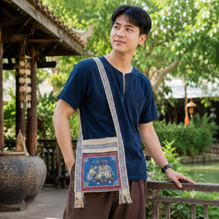 ย่ามลายช้าง สีครีม กระเป๋าย่าม ผ้านากา กระเป๋าสะพาย ผ้าพื้นเมือง คละสีคละลาย 2ช่อง 2ซิป มีซับใน ไซส์ 8/9/10/12 นิ้วส่งไว
