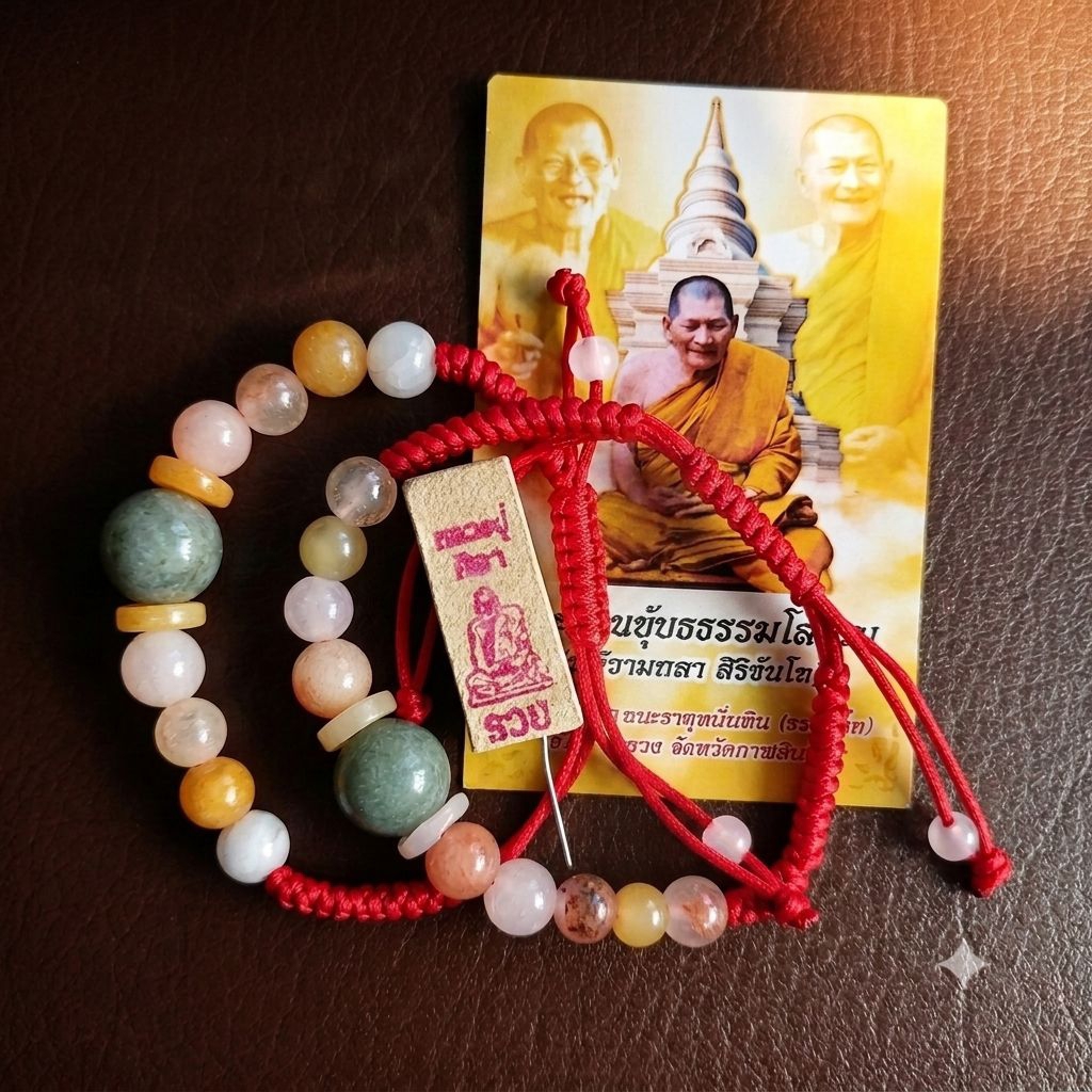 กำไลหินหยกหลวงปู่ศิลา 1 ชุด (กำไล 2 + ธูป + รูปบูชา) หินหยกธรรมชาติ พร้อมสายเชือกถัก ปรับขนาดได้