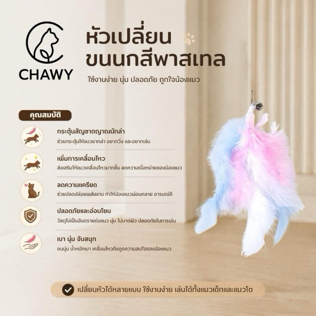 หัวเปลี่ยนขนนกพาสเทล Chawy เหยื่อตกแมว ของเล่นแมว