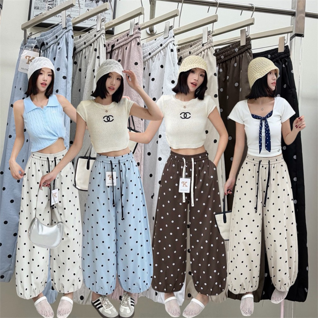 Gang_jeans#26826(K)✅พร้อมส่ง กางเกงขายาวลายจุด Polka Dot  จุดใหญ่ เอวยางยืด ทรงบอลลูน ปลายจั๊ม ใส่สบาย สไตล์เกาหลี