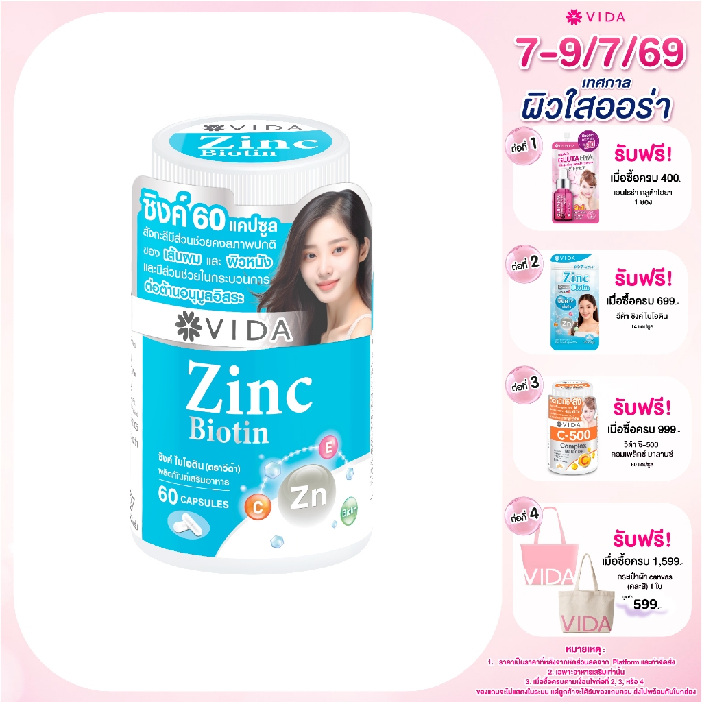 วีด้า ซิงค์ อเมริกา +ไบโอติน สิว ผิว ผม 60 แคปซูล Vida Zinc Biotin 60 Capsules