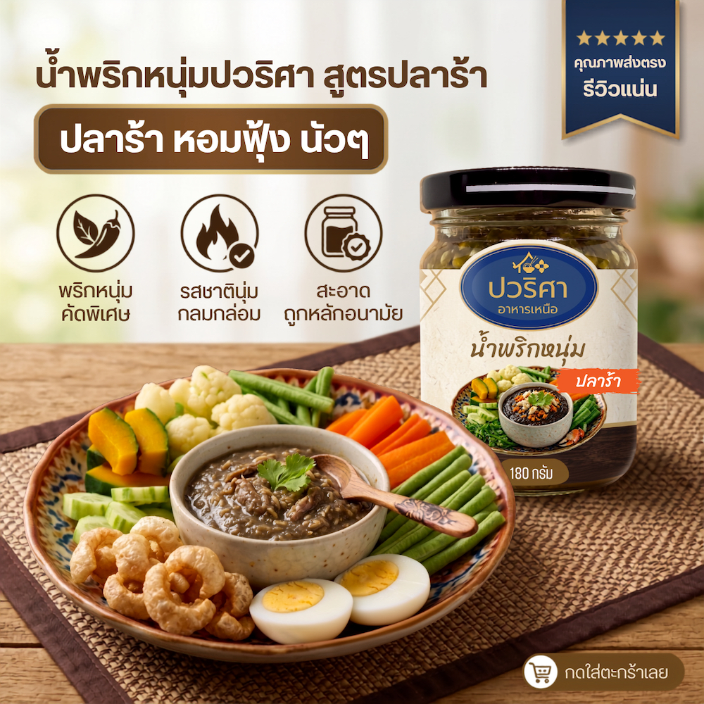 น้ำพริกหนุ่ม สูตรปลาร้า ปวริศา อาหารเหนือ รสชาติต้นตำรับเชียงใหม่ (180 กรัม) ไม่ใส่วัตถุกันเสีย