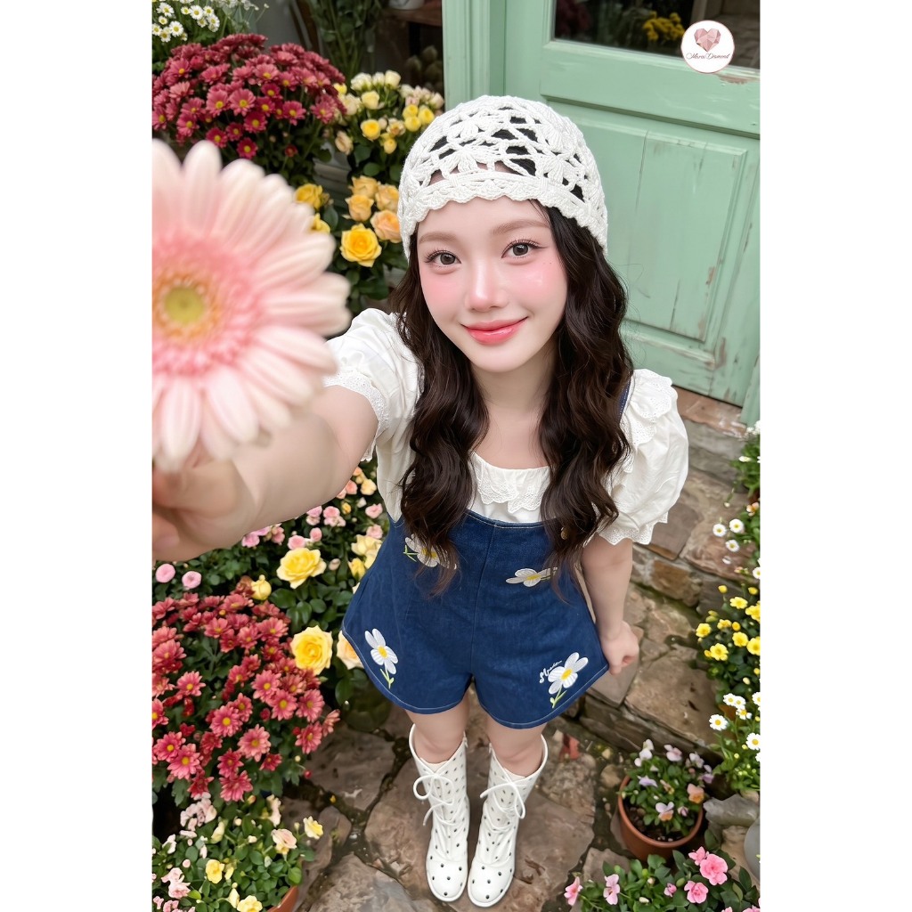 ชอบสบายๆเผื่อไซส์ได้ค่ะ (มี3XL) Huge Daisy Set เซ็ต 2 ชิ้น เสื้อเชิ้ตลูกไม้ครีมซิปหลัง + เอี๊ยมยีนส์ปักเดซี่ สายปรับได้