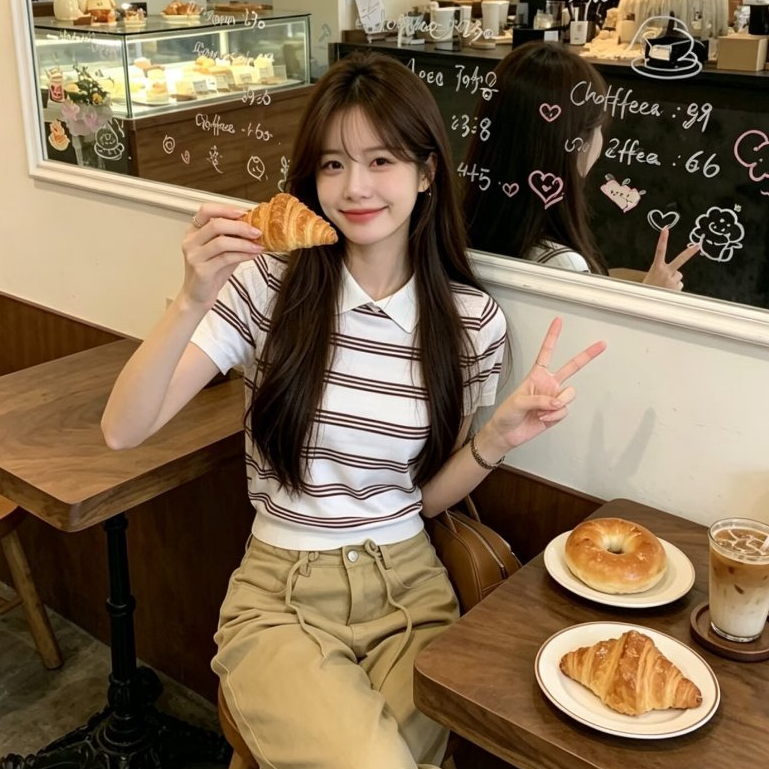 เสื้อโปโลไหมพรมผู้หญิง ลายทางแขนสั้น สไตล์เกาหลี รูปที่ 8