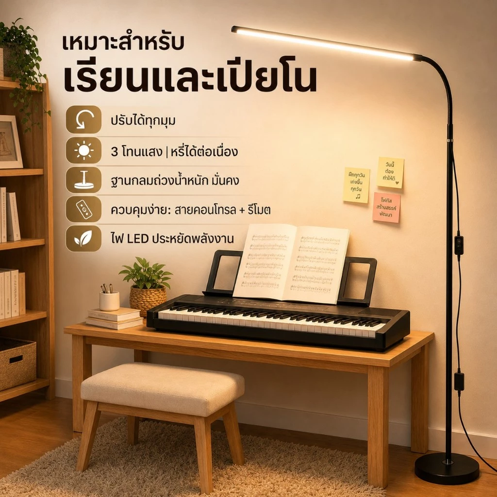 โคมไฟตั้งพื้น LED แบบเต็มสเปกตรัมห้องนั่งเล่นโซฟาห้องนอนการศึกษาไฟส่องสว่างเปียโนการเรียนรู้ไฟ ⭐ มุมปรับได้