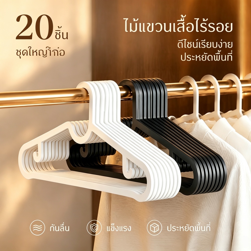 [10/20 ชิ้น] ไม้แขวนเสื้อพลาสติก PP หนา กันลื่น ไม่หักง่าย มี 2 สีให้เลือก เหมาะใช้ในตู้เสื้อผ้าและราวแขวนผ้า