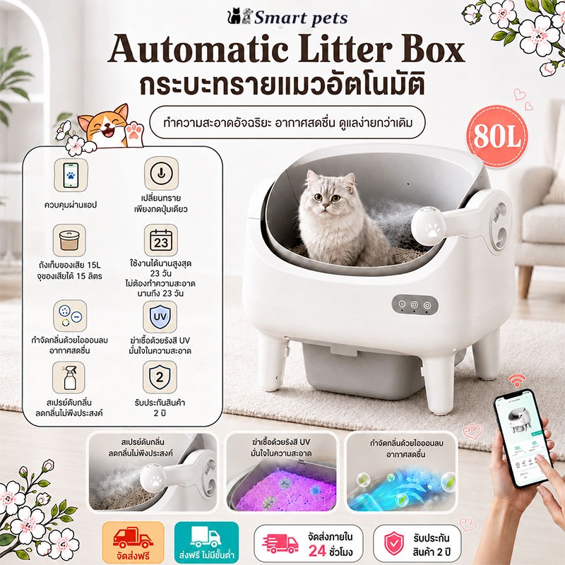 Automatic cat litter box 80Lระบบป้องกันการหนีบ การฆ่าเชื้อด้วยรังสียูวี ห้องน้ำแมวอัต ห้องน้ำแมวอัตโนมัติ cat litter box