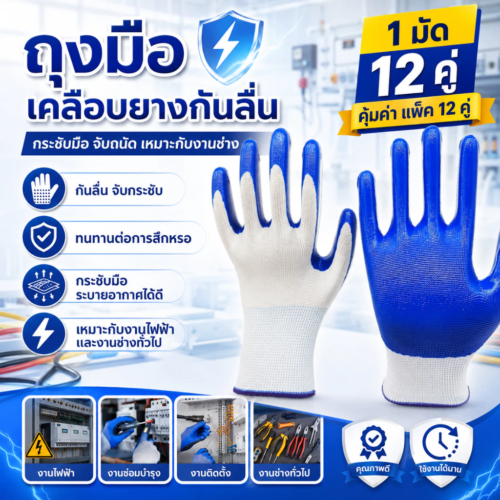 ถุงมือป้องกันงานเคลือบยาง กันลื่น กันบาด ทนทานต่อการสึกหรอ แพ็ค 12 คู่ เหมาะงานก่อสร้าง ซ่อมแซม และทำงานเกษตร