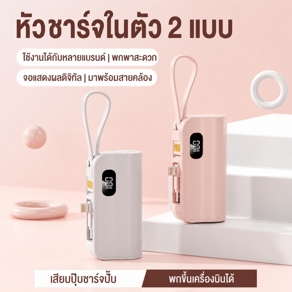 New พาวเวอร์แบงก์มินิทรงแคปซูล ขนาดเล็กกะทัดรัด 10000mAh ชาร์จเร็ว พร้อมสายชาร์จในตัว รองรับทั้ง Android และ