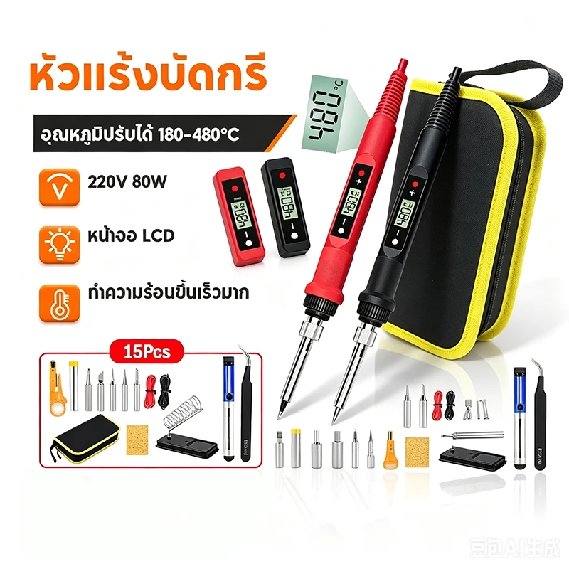 หัวแร้งบัดกรี 80W 15 ชิ้น จอแสดงอุณหภูมิ 180-480°C ร้อนเร็ว กำลังสูง ครบอุปกรณ์ซ่อมบอร์ด มีคีมคีบ กระเป๋าเก็บฟรี